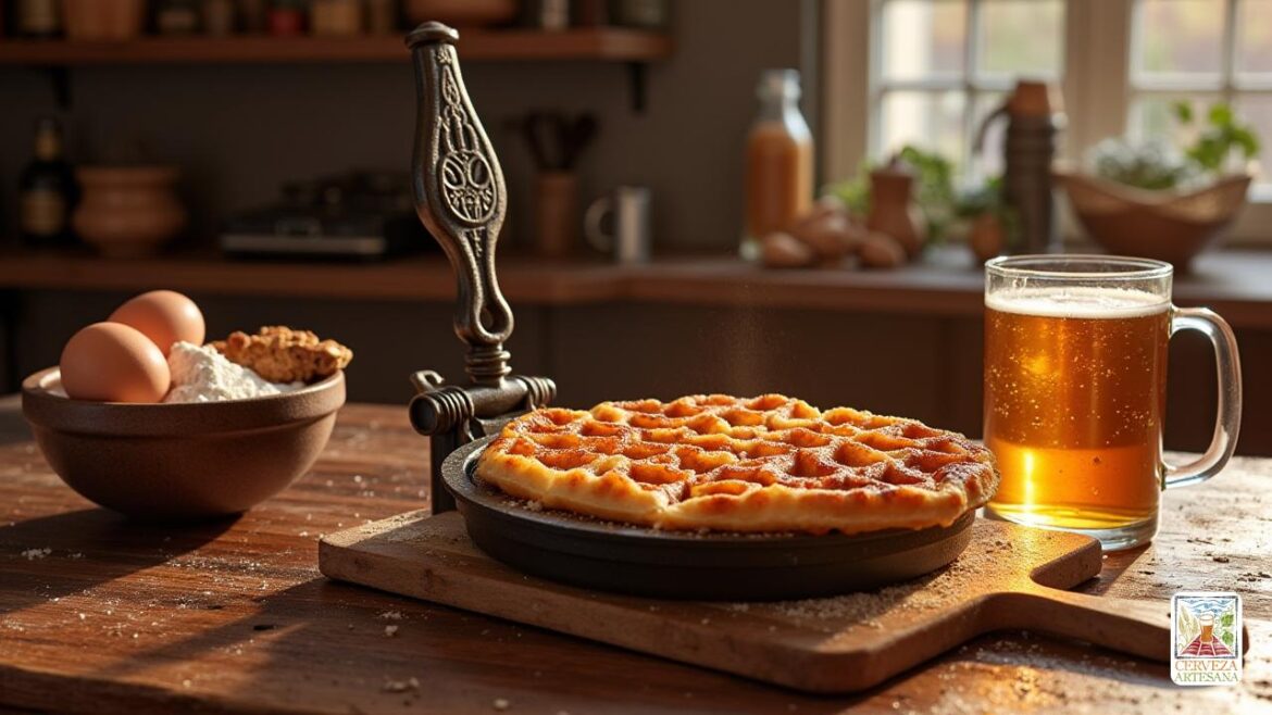 Una escena altamente realista y detallada de una encimera de cocina belga con un 'Gofrera' de estilo vintage (gofre '(hierro de gofres), que muestra un' waffle de lieja 'recién cocinado con una corteza gruesa y dorada de color marrón dorado, cubierto con un glaseado de azúcar caramelizado. Junto a él, un vaso de 'cerveza' espumosa, tal vez una 'ipa brumosa' o 'ámbar ale', y un tazón rústico de ingredientes que incluyen harina, huevos y azúcar. El fondo presenta estantes de madera cálidos con especias y utensilios de cocina, y corrientes de luz solar suavemente a través de una ventana cercana, lanzando un brillo acogedor y acogedor sobre la escena, enfatizando las texturas del gofre, la superficie brillante de la cerveza y el encanto antiguo de la configuración de la cocina.