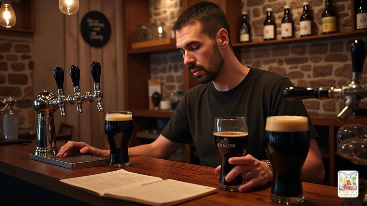 Una escena altamente realista y detallada de una persona llamada Davidmartinrius que interactúa en un acogedor entorno de cervecería, rodeada de una amplia variedad de cervezas 'robustas'. El entorno presenta una barra de madera rústica con grifos vertidos 'Irish Stout' con un 'color' negro profundo y una 'espuma' gruesa y cremosa con un tono de canela, que muestra la apariencia 'opaca' y la 'granada de reflejos'. Cerca, un vaso de 'Stout extra irlandés' con un 'color' negro brillante, coronado con una densa espuma de 'canela' cremosa, se sienta junto a un cuaderno de degustación. En el fondo, una exhibición de etiquetas de campaña muestra estilos como 'Sweet Stout' y 'Oatmeal Stout', cada uno con características detalladas de 'color' y 'espuma'. La escena captura los aromas de 'Café' asado, 'Chocolate Oscuro' y 'Malta Tostada' como sugerencias visuales, tal vez ondas de aroma o señales visuales sutiles. El escenario enfatiza la diversidad de 'sabores', de 'caramelo' a 'notas una vainilla' y 'frutos stos', ju