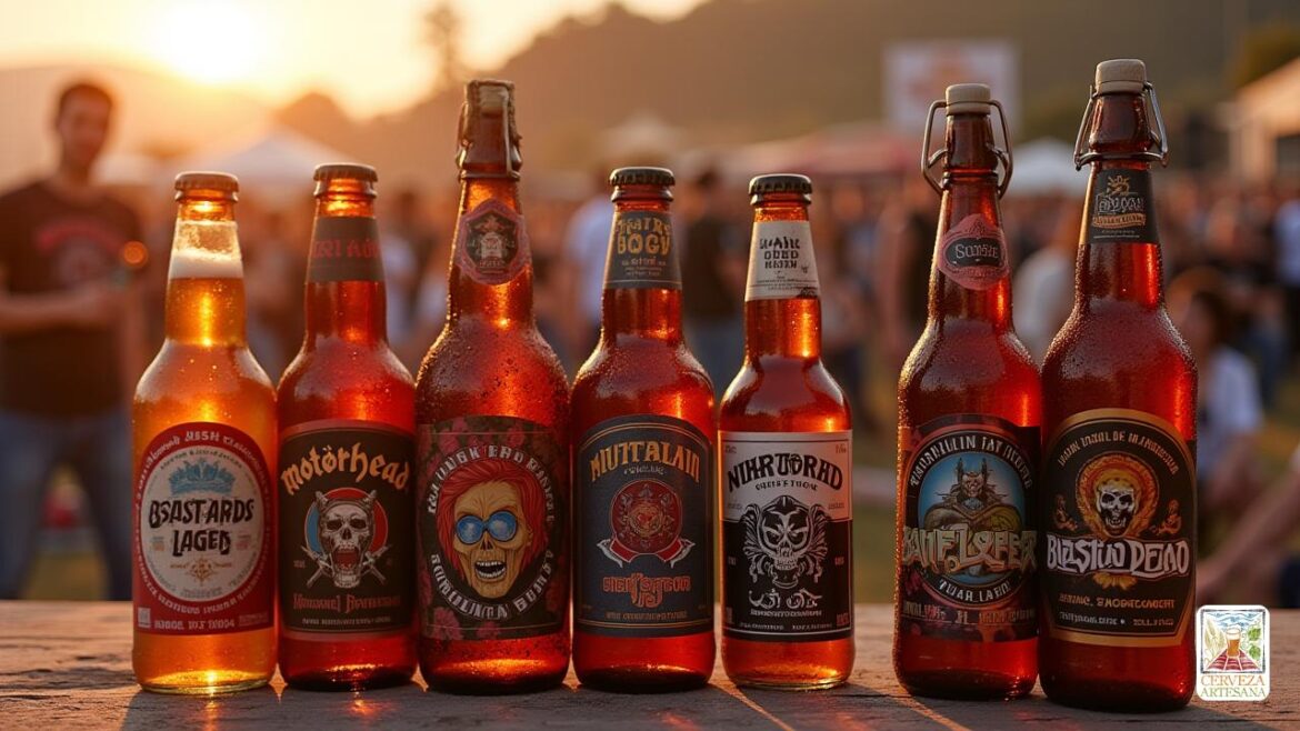 Una escena altamente realista y detallada de una variedad diversa de miembros de la banda de rock de grupos legendarios como Motörhead, Queen, Iron Maiden, Grateful Dead, AC/DC, Sepultura, KISS y Pearl Jam, cada uno de los cuales se mantiene o de pie cerca de sus respectivas cervezas de marca. La escena se establece al aire libre en un ambiente rústico de estilo concierto con una cálida y dorada luz de puesta de sol. Each beer packaging is prominently displayed: 'Bastards Lager' with bold, rugged label design, 'Queen Bohemian Lager' with elegant, vintage typography, 'Trooper' with a classic dark label featuring mystic artwork, 'Dogfish Head American Beauty' in a bright, artistic label, 'Australian Hardrock' with a sleek, modern design, 'Weizen' in a broader, robust bottle, 'Destroyer' with iconic album Etiqueta inspirada en el arte, y 'Faithfull Ale' con un diseño rico y acogedor. La escena captura un sentido de celebración, camaradería y espíritu de rock 'n' roll, enfatizando el aspecto auténtico y de alta c