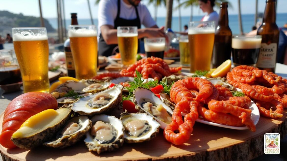 Una escena altamente realista y detallada que muestra una variedad de mariscos frescos que incluyen 'ostras', 'gambas', 'langosta', 'mejillones' y 'almejas' organizados ingeniosamente en una mesa rústica de madera. Alrededor de los mariscos hay vasos surtidos de 'Clara Cerveza' como 'Pilsen', 'Lager' y 'Stout', con algunos vertidos y condensación visibles. El escenario parece ser un mercado costero o un restaurante de mariscos al aire libre con una iluminación brillante y natural que enfatiza la frescura y los colores. El fondo sugiere un entorno costero con toques de océano y cielo, posiblemente con un chef o servidores en el fondo que se suma a la atmósfera animada y auténtica.