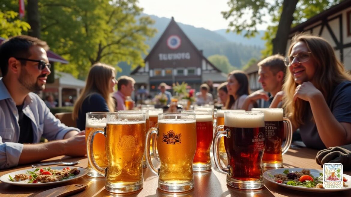 Una escena altamente realista y detallada se coloca al aire libre en un jardín de cerveza alemán tradicional durante el día. En primer plano, prominente 'Davidmartinrius', una persona con una postura segura, que se involucra casualmente con un grupo de amigos. Están rodeados de una variedad de auténticas tazas de cerveza alemanas y Steins, bellamente diseñados con intrincados 'diseños' y un acabado 'brillante', que refleja la luz del sol. Visibles varias gafas de varias cervezas alemanas son visibles: un 'brumoso' weihenstephaner Hefe Weissbier con toques de 'plátano' y 'clavo', el oktoberfest de espaten ámbar profundo y el oscuro schlenkerla Rauchbier con un aroma 'smoky' implícito. La escena captura las ricas 'texturas' y 'colores' de las cervezas, con cabezas de oro, tonos dorados y tonos oscuros y ricos, iluminando la cultura de la cerveza alemana. El fondo presenta una cervecería rústica con arquitectura bávara tradicional, exuberantes árboles 'verdes' y un ambiente animado con personas que disfrutan de