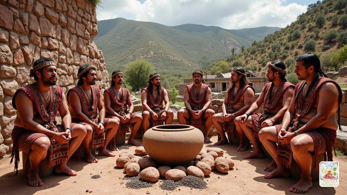 Una escena arqueológica altamente realista que representa una antigua reunión ceremonial de Wari en las tierras altas de Perú. Enfoque central en un grupo de líderes Wari elaboradamente vestidos, con textiles tradicionales con intrincados patrones geométricos, sentados alrededor de un gran recipiente de arcilla donde se está viendo 'Chicha'. Los líderes están representados con expresiones sutiles de reverencia y autoridad, algunos presentes con tocados de hojas o coronas tejidas simples. Cerca, un recipiente separado contiene semillas 'Vilca', que se muestran como objetos pequeños, oscuros, similares a las semillas. En el fondo, las estructuras de piedra y adobe características de la arquitectura de Wari, con tallas detalladas, son visibles en medio de exuberantes terrenos de la ladera salpicados de flora nativa como los árboles de 'Vilca'. La escena incluye a los asistentes que preparan semillas 'Vilca' para uso ceremonial, con algunas semillas inhaladas o preparadas para la ingestión. El entorno sugiere una