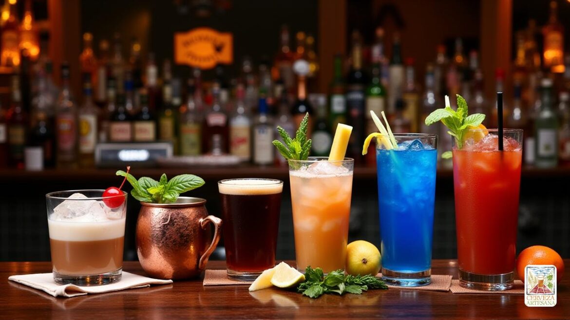 Una escena de bar bellamente diseñada que muestra una selección de populares cócteles 'vodka'. La imagen presenta un 'ruso blanco' en un vaso antiguo con hielo, un 'ruso negro' adornado con una cereza roja, una refrescante 'mula de Moscú' servida en una taza de cobre tradicional con menta y rebanada de limón, un llamativo 'Blue Lagoon' en un vaso alto, azul brillante en color, junto a una clásica 'Bloody Mary' en un vaso alto, un vidrio alto de un lemento y un lemento y un lemento. La escena se desarrolla en un bar elegante y con poca luz con un mostrador de madera pulido, botellas de espíritus premium en el fondo y una decoración de buen gusto que evoca una atmósfera sofisticada. Los ingredientes como 'vodka', 'licor de café', 'crema', 'cerveza de jengibre', 'curacao azul', 'jugo de tomate' y guarniciones frescas se colocan sutilmente alrededor de los cócteles, enfatizando el arte de la preparación de cócteles. La iluminación es cálida y acogedora, destacando las texturas y los colores de las bebidas. <lora