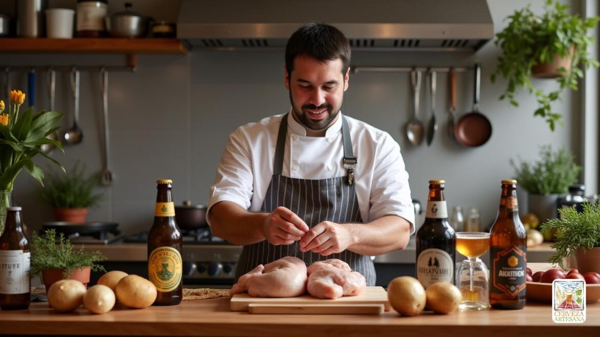 Una escena de cocina realista con 'David Martinrius', un chef carismático de unos 30 años, preparando 'Pollo a la Cerveza'. Está parado en una mesa de madera llena de ingredientes: muslos de pollo fresco, botellas de diferentes tipos 'Cerveza' (Pilsner, IPA, Stout), papas, cebollas y varias especias como tomillo y romero. La cocina es brillante y acogedora, con ollas y sartenes colgando sobre la estufa y hierbas frescas en macetas. David está concentrado y sonriendo mientras estaciona el pollo con sal y pimienta, listo para compartir su receta "deliciosa". El ambiente transmite calidez y amor por las artes culinarias, perfecta para una acogedora preparación de comidas.