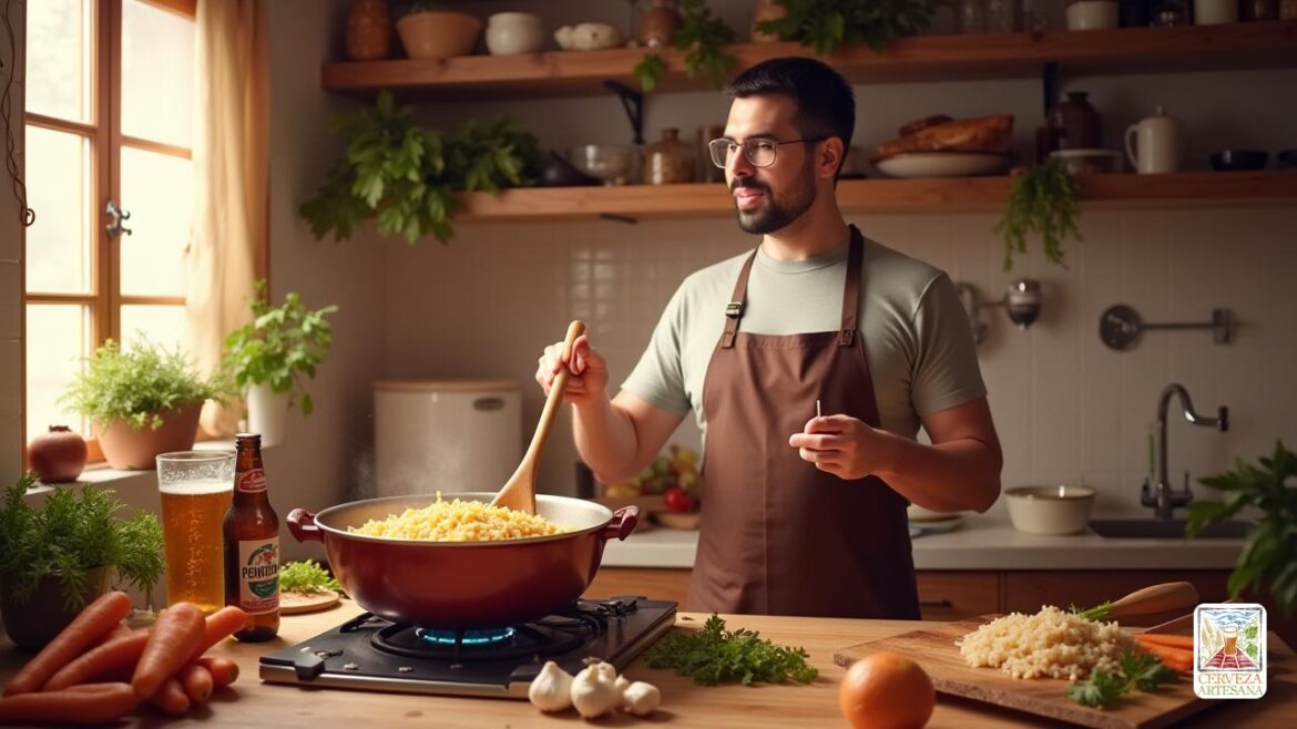Una escena de cocina realista con 'Davidmartinrius' preparando activamente 'Arroz a la Cerveza'. Está parado frente a una estufa, sosteniendo una cuchara de madera. La escena muestra una olla grande en la estufa con arroz dorado-marrón agitado. Una botella de cerveza está abierta en el mostrador, y los ingredientes como 'arroz de grano largo', 'cebolla picada', 'ajo' y 'zanahoria en rodajas' están perfectamente dispuestas a su alrededor. La cocina tiene un ambiente cálido y acogedor con luz natural que se transmite desde una ventana, mejorando los coloridos ingredientes. David está concentrado y sonriente, demostrando la alegría de cocinar un plato 'versátil' y 'reconfortante', enfatizando el 'sabor único' traído por la cerveza. Hay un nuevo 'perejil' fresco cerca para adornar, dando un toque final al plato.