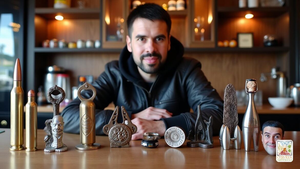 Una escena fotográfica altamente realista con una encimera de bar moderna y elegante con varios abridores de cerveza únicos que se muestran prominentemente. En el centro, hay una persona llamada Davidmartinrius, un hombre seguro con una apariencia informal pero elegante, con una chaqueta de cuero negra y una sonrisa sutil. Lo rodean hay tomas de primer plano de abridores distintos: un abridor de bala 'calibre 50' hecho de metal cepillado; un 'organizador clave' con un abridor incorporado; un brillante abridor con temática de cuchillos 'Mariposa' con temática de mariposas; un abridor de 'sirena de hierro' de estilo antiguo con un acabado rústico; un abridor de cerveza 'anillo' usado en un dedo; un abridor montado en 'pared magnética' con tapas de botella capturadas a mitad de la caza; un 'CAP de lanzamiento' con un lanzador de resorte en acción; un modelo detallado del 'Millennium Falcon' como un abridor de novedad; un par de 'sandalias' con abiertos de botellas ocultas en las plantas; y un elegante abridor de