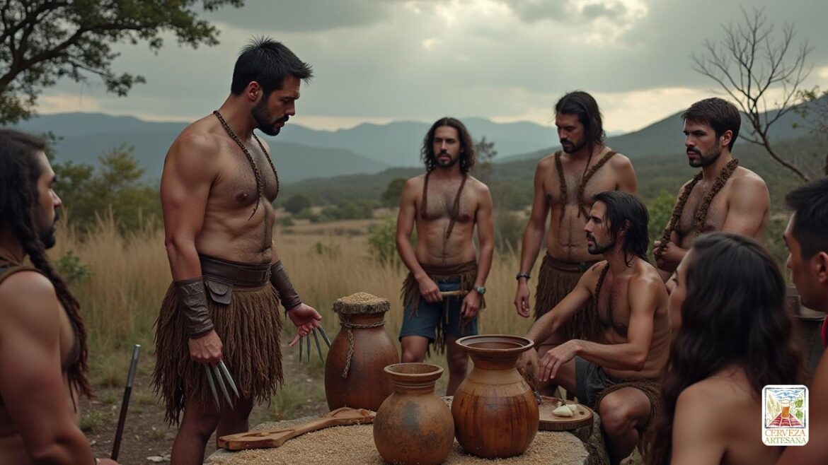 Una escena hiperrealista ambientada en un paisaje prehistórico, con Wolverine, descrita como un hombre musculoso y resistente con cabello corto y salvaje, prominente 'seis garras' que se extiende desde sus nudillos, con armadura de cuero primitiva. Se encuentra con confianza entre una pequeña tribu de homínidos tempranos, instruyéndolos sobre la fermentación de "cerveza", con embarcaciones de fermentación de madera y herramientas primitivas de elaboración de cerveza a su alrededor. Cerca, Spider-Man, representado como un humano realista en un disfraz desgarrado e improvisado, observa con preocupación, observando la influencia de Wolverine en la tribu. El fondo muestra un cielo dramático y tormentoso con montañas lejanas, árboles antiguos y un toque de la ruina apocalíptica del futuro lejano. La escena captura el momento del intercambio cultural, combinando el realismo con elementos históricos y de ciencia ficción, destacando el papel de Wolverine como guerrero y cervecero, con texturas detalladas de piel, pie