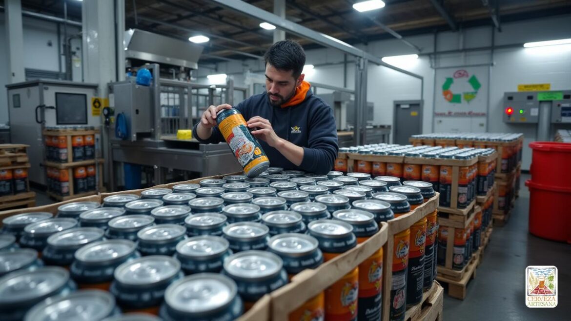 Una escena hiperrealista de un almacén moderno de cervecería con filas de 'latas de aluminio' apiladas listas para el transporte. La atención se centra en un trabajador, 'Davidmartinrius', inspeccionando una elegante y metálica 'lata' con una superficie brillante y reflectante. Lo rodean hay paletas de latas de cerveza con etiquetas vibrantes y detalladas, enfatizando las cualidades 'opacidad' y 'livianas'. El fondo muestra una 'Enlatora' (máquina de enlatado) de última generación sellando dinámicamente latas con precisión. El medio ambiente es limpio, industrial, con toques de motivos ecológicos como símbolos de reciclaje y un signo de "hecho en EE. UU.", Destacando ventajas como el "reciclaje" y la "sostenibilidad". La iluminación acentúa el brillo metálico y la claridad de la escena, transmitiendo un sentido de innovación, conciencia ambiental y la evolución del vidrio tradicional a las 'latas de aluminio' en la cultura de la cerveza artesanal, capturando texturas realistas y detalles vibrantes. <lora: dv