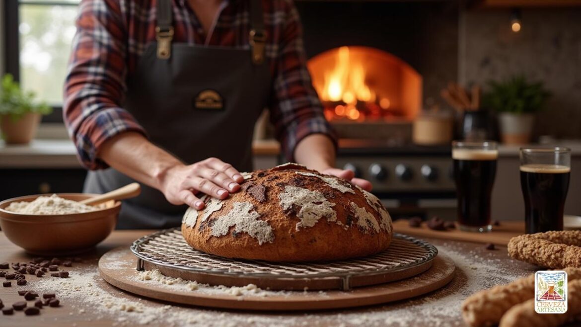 ‘Davidmartinrius’ es una cocina acogedora y rústica. Lleva un delant Una escena hiperrealista que captura a 'Davidmartinrius' en una cocina acogedora y rústica durante la tarde. Lleva un delantal informal sobre una camisa a cuadros, centrada en colocar una 'Pan de Chocolate y Cerveza Negra' recién horneada en una rejilla de enfriamiento de madera. El pan está bellamente dorado con una corteza crujiente, que muestra toques de trozos de chocolate y una forma artesanal ligeramente rústica. Lo rodean en la encimera hay ingredientes como un tazón de 'Harina de Fuerza', un frasco de oscuro 'Cerveza Tipo Stout', 'Avellanas Tostadas' y 'Cacao en Polvo'. En el fondo, hay un horno cálido con un interior brillante y una canasta de Banneton. La luz natural suave se filtra a través de una ventana, destacando las ricas texturas del pan, el brillo sutil del chocolate y las especias aromáticas como 'Canela en Polvo'. La atmósfera enfatiza la artesanía y el amor por la cocción, con texturas detalladas de polvo de harina, piezas de chocolate brillantes y superficies rústicas de madera. <lora: