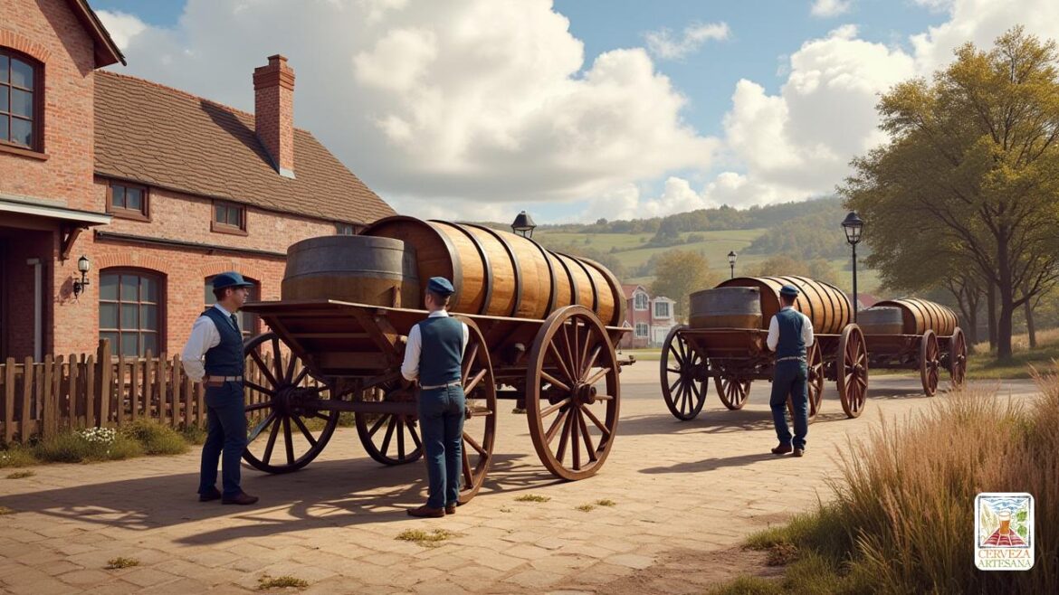 Una escena histórica que representa 'cerveceros' del siglo XIX que transportan barriles de cerveza usando vehículos tradicionales como una 'Carreta', un carro bajo sin bandas y un 'flotador', un carro de ruedas altas con un eje de cigüeñal. El escenario está en Burton sobre Trent, mostrando la cervecería y la estación de tren cercana con barriles de 'cerveza' y 'robusta' listos para el envío. El entorno debe ser realista, capturando los detalles de los vehículos, la arquitectura de la cervecería y el paisaje típico de esa época. La imagen debe transmitir una sensación de artesanía y la importancia histórica del transporte de cerveza en la industria de la elaboración de cerveza.