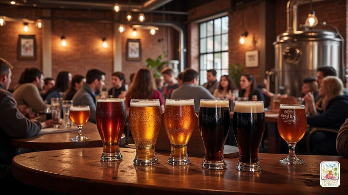 Una escena interior altamente realista de una acogedora taberna de cervecería artesanal bien iluminada con ricos muebles de madera, hileras de cervezas recién vertidas en vasos en la barra y grandes teteras de cerveza de acero inoxidable visibles en el fondo. Concéntrese en una variedad de tipos de cerveza 'IPA', 'Double IPA', 'Stout' y 'Cervezas' centradas en el lúpulo ', con una pancarta o póster que destaca' Bell’s Two Hearted Ale 'y' Russian River Pliny the Elder '. Incluya un grupo diverso de entusiastas amantes de la cerveza y cerveceros caseros, algunos degustación, otros involucrados en la conversación, capturando la atmósfera vibrante y dirigida por la comunidad. La escena debe evocar una sensación de artesanía, tradición y pasión por la cerveza, todo representado con detalles fotorrealistas.