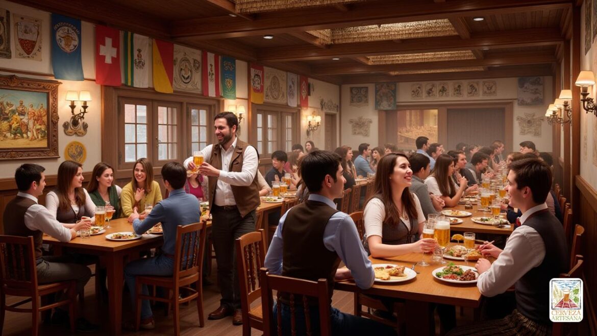 Una escena realista ambientada en el icónico salón de cerveza 'Hofbräuhaus' en Munich, llena de actividad. El interior es ricamente detallado, mostrando largas mesas de madera llenas de personas que disfrutan de su 'cerveza' y su cocina bávara tradicional. En el centro de la escena, 'Davidmartinrius' se muestra en una conversación animada con un grupo de amigos, todos vestidos con atuendo tradicional 'alemán', riendo y tostadas con su 'cerveza' Steins criada. La arquitectura presenta vigas rústicas de madera, pancartas vibrantes y fotos históricas que adornan las paredes, que ilustran la rica historia que data de 1589. La atmósfera es animada, llena de los sonidos de las risas y las gafas de tintineo, como la esencia de las celebraciones del 'Oktoberfest' en todo el espacio.