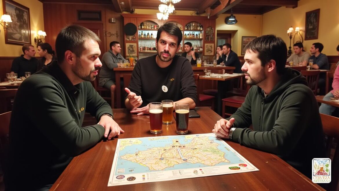 Una escena realista ambientada en Sevilla, que muestra el nuevo 'mapa de cerveza artesanal' que se muestra prominentemente en una cervecería local. En primer plano, 'Davidmartinrius' está interactuando con un camarero, discutiendo diferentes variedades de 'cerveza artesanal' disponible en la cervecería. La imagen captura el ambiente vibrante de una cervecería ocupada con otros clientes que disfrutan de sus bebidas, rodeadas de auténtica arquitectura 'Sevilla'. El mapa es visible en una mesa, proporcionando información detallada sobre varios establecimientos de 'cerveza artesanal' en cuatro idiomas: 'inglés', 'francés', 'italiano' y 'español'. El fondo presenta lugareños y turistas que participan en conversaciones y cervezas de degustación, destacando la tradición de 'gastronomía' y 'turismo de cerveza artesanal' de Sevilla.