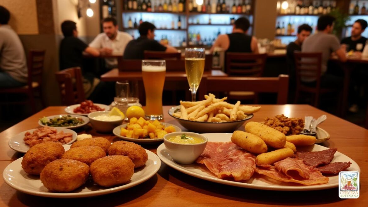 Una escena realista ambientada en un acogedor bar de tapas españolas, con una mesa de madera con una variedad de tapas tradicionales. En primer plano, un plato de 'croquetas' crujientes con un exterior marrón dorado e interior cremoso. Cerca, un tazón de 'patatas con salsas' con papas cortadas en cubitos, acompañados de tazones de 'salsa brava' y 'alioli'. Un pequeño plato de 'Ensaladilla Rusa' que muestra una mezcla de papas, atún y mayonesa. Una 'tortilla de patatas' en rodajas con capas de cebolla visibles y rebanadas de 'Jamón Ibérico' se colocaron en un rollo de pan 'pico de jabón'. Fresco 'Calamares Fritos' cubierto de masa dorada con una cuña de limón. Pequeños platos de 'anchoas' y 'boquerones' brillan con aceite, junto con un tazón de 'acitunas' brinales y brillantes. El fondo sugiere un ambiente bullicioso de bar español con iluminación cálida, otros clientes y estantes llenos de botellas de vino y cerveza. La escena captura la esencia vibrante y acogedora de disfrutar de las tapas con una fría 'Cer