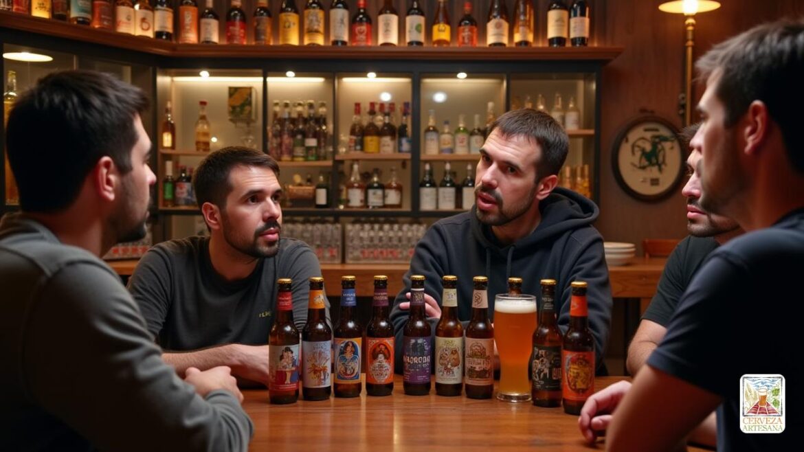 Una escena realista ambientada en una cervecería moderna donde 'Davidmartinrius' se dedica a una discusión con un grupo de personas. Están rodeados de varias botellas de cerveza que muestran sus "etiquetas" únicas y artísticas. La atmósfera es animada, con una iluminación cálida que resalta los intrincados diseños de las etiquetas de la cerveza, que encarnan elementos únicos como 'ilustraciones', 'tipografía distintiva' y 'colores evocadores'. David explica animadamente la importancia de las etiquetas de la cerveza como obras de arte que influyen en las elecciones de los consumidores, mientras que los asistentes escuchan atentamente, intrigados por las historias detrás del diseño de cada etiqueta. En el fondo, los estantes llenos de coloridas botellas y latas crean un telón de fondo perfecto, capturando la esencia de la cultura de la cerveza artesanal.