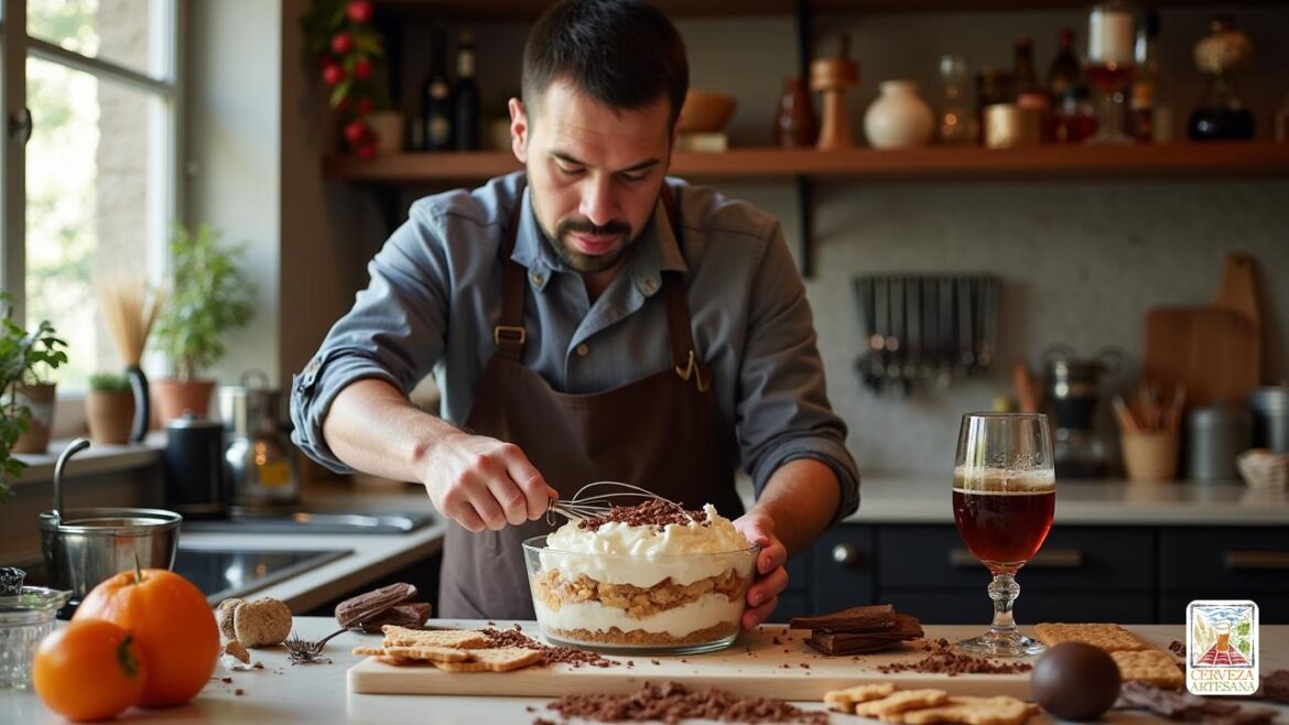 Una escena realista con 'David Martin Rius', un apasionado chef de postres, de pie en una cocina moderna adornada con decoración italiana. Está preparando un 'tiramisú' tradicional con 'cerveza robusta', que muestra los ingredientes establecidos en la encimera: '200 ml de cerveza robusta', '200 g de queso mascarpone', '50 galletas savoiardi 'y otros componentes que incluyen' chocolate 'y' vainilla '. David está mezclando ingredientes con un batidor, enfocado y entusiasta, con un delantal de chef. La cocina tiene un ambiente cálido, con una luz natural que fluye a través de una ventana, destacando las ricas texturas del tiramisú que se ensamblan en un plato de vidrio, en capas maravillosamente con mascarpone cremosa y virutas de chocolate.
