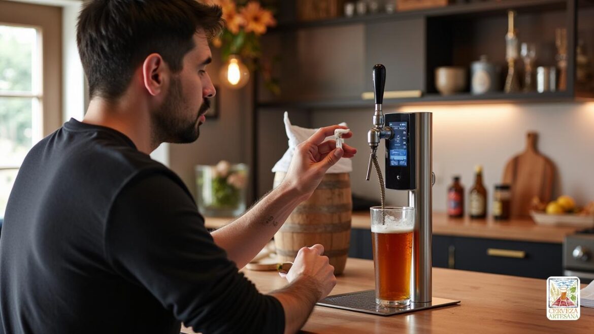 Una escena realista con 'Davidmartinrius' en la cocina de su casa, interactuando con un 'dispensador de cerveza' de alta gama que se asemeja a un 'bar de bar' profesional. Está examinando los 'materiales de calidad' del dispositivo, que es elegante y moderno con acabados metálicos. La cocina es espaciosa y elegante decorada, destacando las 'dimensiones' del dispensador. Junto a él, es visible un barril de cerveza, enfatizando las consideraciones de 'compatibilidad y formatos'. El dispensador de cerveza presenta una 'bomba de presión' y un 'sistema de enfriamiento' visible, apuntando a una temperatura baja de 3 ° C (37.4 ° F). En el fondo, hay suministros de limpieza, lo que indica la importancia de 'limpieza' después de su uso. Una pantalla digital en el dispensador muestra 'regulación de la temperatura' e 'indicadores de nivel', que atraen a las necesidades del consumidor. La atmósfera general es acogedora y acogedora, que se asemeja a una configuración de bar en casa.