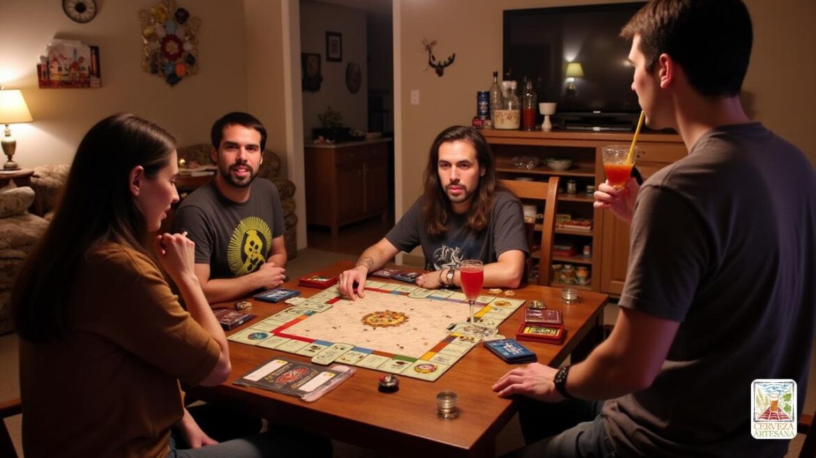 Una escena realista con 'Davidmartinrius' organizando una animada noche de juegos con amigos. La habitación está llena de risas y energía, mostrando una mesa presentada con varios 'juegos de mesa' que incluyen el clásico Monopoly y Catan. Los amigos se dedican a un juego competitivo, mostrando emoción y diversión. En una mesa de café cercana, hay 'bocadillos' y bebidas, incluidos algunos 'cócteles' coloridos. El ambiente es cálido y acogedor, con buena iluminación y decoración acogedora, enfatizando la alegría de compartir 'nuevas experiencias' entre los amigos. La imagen captura un momento de camaradería, con 'Davidmartinrius' participando activamente, luciendo emocionado mientras interactúa con sus amigos.