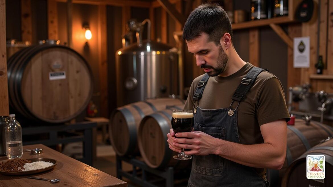 Una escena realista con 'Davidmartinrius', un artesano conocedor en el mundo de la cerveza, de pie en una cervecería tradicional rodeada de equipos de elaboración de cerveza. Está participando en el proceso de crear 'Báltico Porter', una cerveza auténtica conocida por su rica dulzura malta que recuerda a los porteros ingleses, con complejas capas de sabores. La cervecería muestra a los tonos oscuro, 'rojo de cobre' a 'marrón oscuro' característico de la cerveza. En el fondo, se ven barriles e ingredientes, incluidos 'malta de chocolate', 'maltas negras' y 'malta de Viena'. David está examinando un vaso de portero báltico, admirando su espuma gruesa, 'color canela' y el color profundo, y se ve reflexivo mientras señala el aroma de caramelo, nueces y frutas oscuras que emanan de él, reflejando el complejo perfil de sabor de la cerveza. El ambiente es cálido con elementos de madera en la decoración, enfatizando un ambiente de elaboración tradicional.