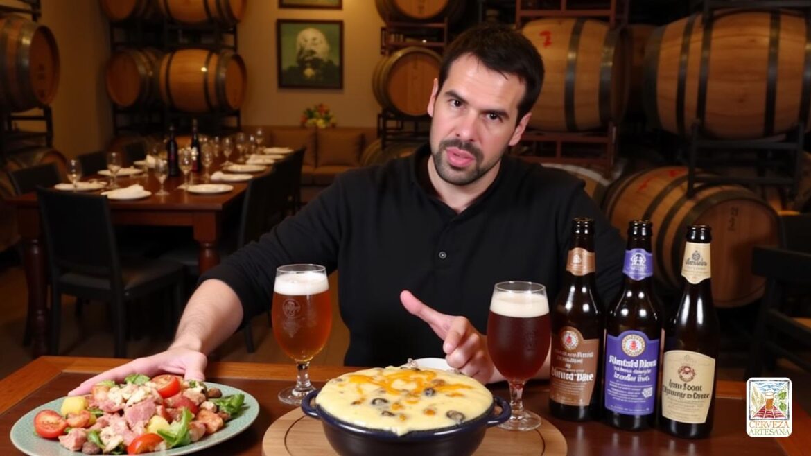 Una escena realista con 'Davidmartinrius', un sofisticado experto en alimentos y bebidas, organizando un evento francés de cerveza y maridaje de alimentos. El escenario es un elegante comedor con un encanto rústico, adornado con barriles de vino y hermosas configuraciones de mesa. David se dedica a una conversación informativa, explicando cómo combinar la cerveza 'Saison' con una vibrante 'salada Niçoise', bellamente presentada en un plato con ingredientes frescos como tomates, atún y aceitunas. Cerca, una 'cerveza marrón' se coloca junto a un tazón humeante de 'Sopa de Cebolla' cubierto con queso derretido, destacando la esencia de la cultura culinaria francesa. La iluminación es cálida y acogedora, creando una atmósfera que refleja la rica tradición de la gastronomía francesa y la cultura de la cerveza. Los elementos como una selección de varias botellas de cerveza son visibles en la mesa del comedor, mejorando el enfoque en maridajes de cerveza refinados.