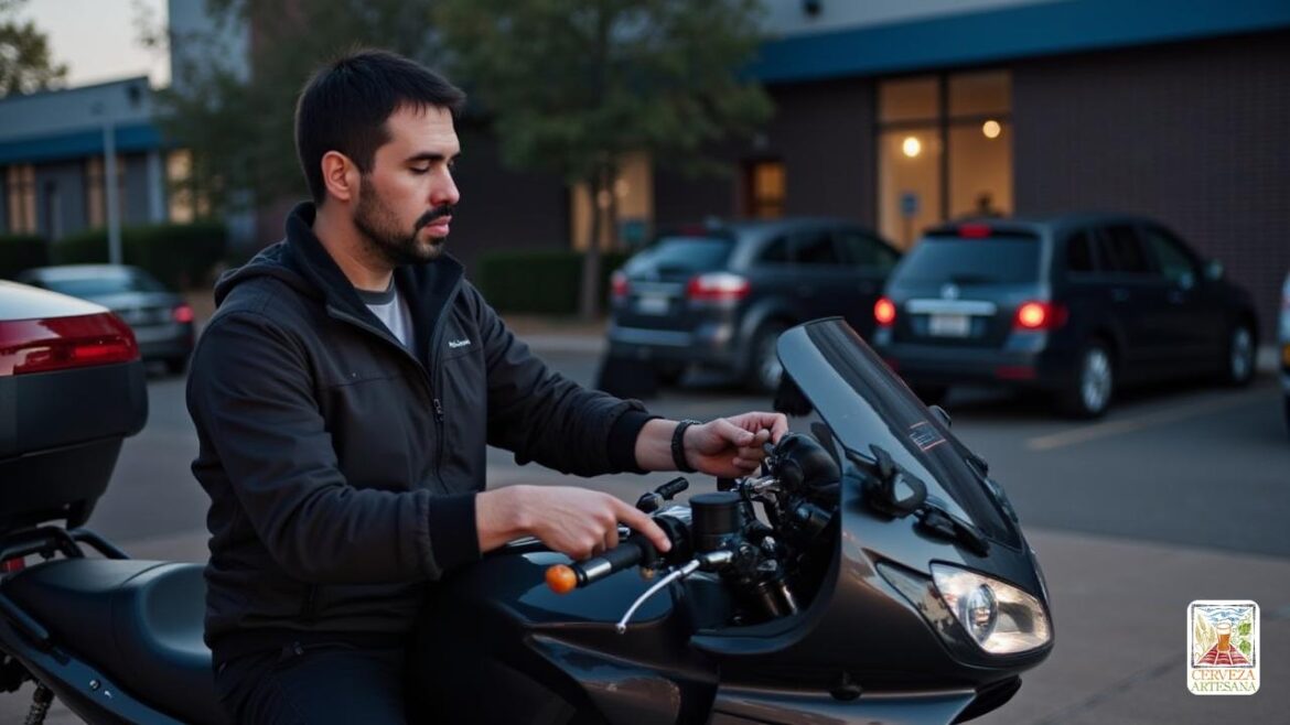 Una escena realista con 'Davidmartinrius', una persona de entrega, interactuando con su 'motocicleta' mientras discutía 'consejos de seguridad' para 'entrega de motocicletas'. David está vestido con un uniforme de entrega profesional, centrándose en asegurar su motocicleta con un 'bloqueo de servicio pesado'. El fondo muestra un 'área de estacionamiento' bien iluminada, enfatizando la 'visibilidad' como medida de seguridad. El área de estacionamiento está rodeada de edificios, y hay sombras que indican que es de noche. David parece atento y comprometido mientras revisa la alta ubicación de la cerradura, demostrando la segunda punta de seguridad. La escena transmite un sentido de responsabilidad y conciencia en la 'seguridad de las motocicletas'.