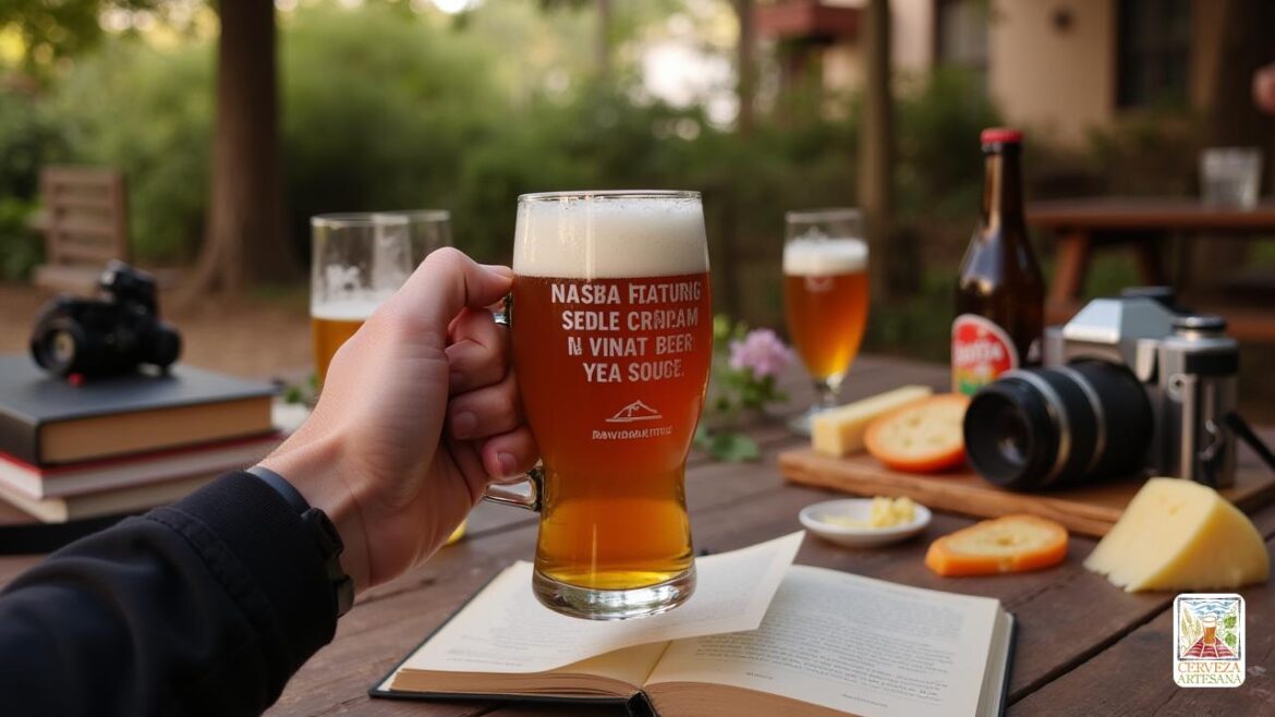 Una escena realista con una persona llamada Davidmartinrius disfrutando de un escenario acogedor y rústico con una variedad de cervezas artesanales. La escena incluye un 'Jarra de Cerveza' personalizado con un mensaje humorístico grabado en ella, sostenido en su mano mientras lo levanta para un brindis. En el fondo, hay una mesa bien curada con una 'tabla de quesos' que incluye diferentes variedades de queso, perfecta para combinar. Cerca, una cámara y un álbum de fotos insinúan un 'Sesión de Fotos' en progreso, capturando momentos sinceros con amigos. Una estantería o mesa muestra libros sobre 'Cerveza Artesana' con una abierta, que muestra páginas sobre el proceso de elaboración de cerveza. Un 'Cuaderno' detallado y abierto, donde ha anotado notas sobre diferentes cervezas que ha probado, junto con un 'kit' o exhibición de varias botellas de cerveza artesanales dispuestas en una colección ordenada. El escenario está al aire libre, tal vez en una mesa de picnic rodeada de vegetación, con una vista de una 'Fá