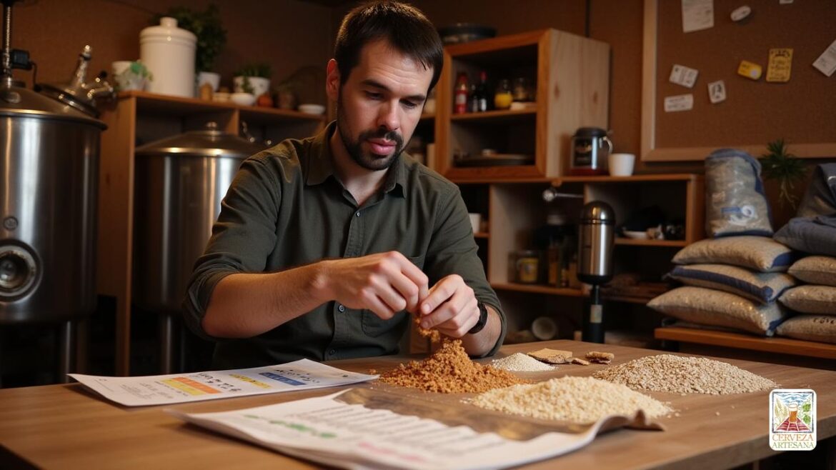 Una escena realista de 'David Martin Rius', un entusiasta de la cerveza y cervecero, en un espacio de trabajo casero. Está examinando varios tipos de 'maltas' y 'granos' establecidos en una mesa de madera, con hojas de análisis que muestran 'contenido de humedad', 'color' y 'poder diastático'. La configuración es cálida y acogedora, llena de equipos de elaboración de cerveza como un 'puré de tún' y hervidor de agua hirviendo en el fondo. David, vestido casualmente con una expresión reflexiva, está sosteniendo un puñado de malta y comparando sus variaciones de color bajo la luz suave. El entorno captura la esencia de un taller de cervecero dedicado con bolsas de 'maltas especializadas' apiladas en la esquina y las notas de elaboración de cerveza atrapadas a una tabla de corcho. El ambiente general transmite una sensación de artesanía meticulosa en la elaboración de cerveza casera.