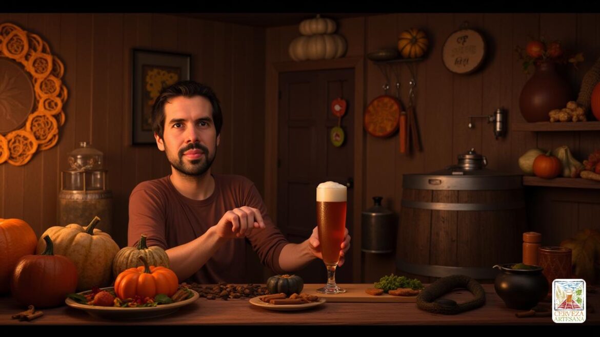 Una escena realista de 'Davidmartinrius' en un entorno acogedor y cálido, tal vez una cervecería rústica o una cocina tradicional estadounidense de la era colonial. Él está sosteniendo un vaso alto y transparente de 'Pumpkin Ale' con un rico color ámbar, cubierto con una cabeza espumosa y cremosa. A su alrededor hay elementos históricos como herramientas de elaboración de cerveza vintage, rodajas secas de 'Calabaza' que cuelgan para secar y barriles rústicos de madera. El fondo presenta una decoración otoñal con calabazas, calabazas y especias como canela, clavo y jengibre, evocando la importancia estacional e histórica de la 'Ale de calabaza'. El ambiente es nostálgico pero animado, capturando la esencia de la historia tradicional de elaboración de cerveza estadounidense entrelazada con la apreciación moderna de la cerveza artesanal.