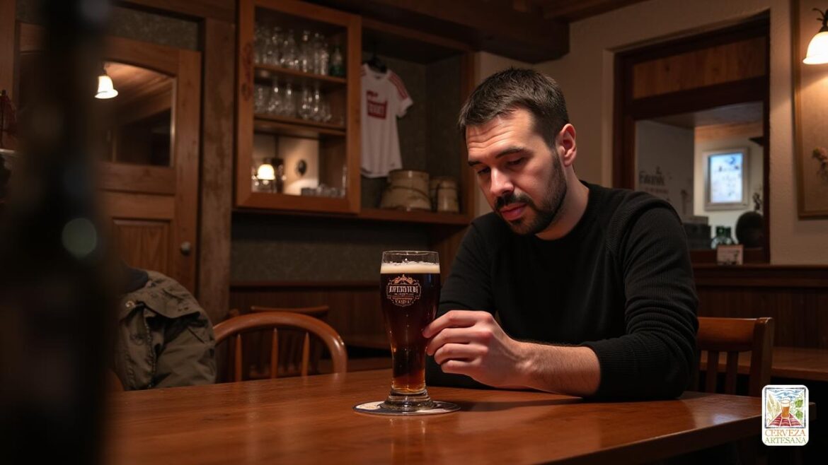 Una escena realista de 'Davidmartinrius', un apasionado entusiasta de la cerveza, en un acogedor pub en 'Harelbeke', 'Bélgica'. Está sentado en una mesa de madera con un vaso de 'rojo envejecido de petróleo', que muestra su rico color 'Cobrizo' con reflejos 'rubí' y espuma de 'marfil' mediana '. David tiene una expresión comprometida mientras examina la cerveza, enfatizando su aroma 'Vinoso' y notas de 'Cerezas Agridulces'. El pub tiene una decoración vintage, con vigas de madera e iluminación tenue, que mejora el ambiente de disfrutar de una cerveza compleja de 'agrio/rojo marrón'. La escena captura la esencia de una experiencia relajada de degustación de cerveza, con David destacando la combinación única de sabores y el cuerpo suave de la cerveza.