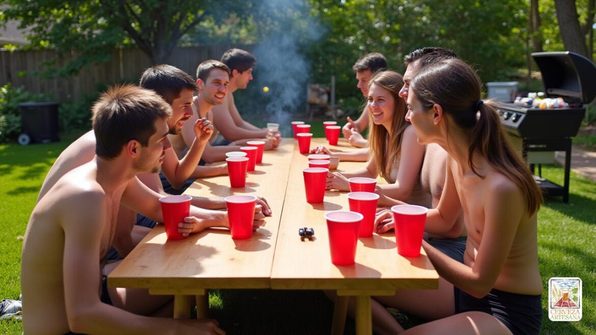Una escena realista de un animado juego de 'cerveza pong' que tiene lugar al aire libre en un día soleado. La configuración incluye una mesa larga con '10 tazas rojas 'dispuestas en un patrón' triangular 'en cada extremo. Dos equipos de 'dos ​​jugadores' cada uno, un equipo que consta de un dúo 'masculino y femenino', y el otro equipo que consiste en un dúo 'masculino', se dedican al juego. La atmósfera está llena de risas y emoción, con 'hierba verde' que los rodea, y una 'barbacoa' cercana con humo que se eleva en el fondo. Un refrigerador con 'cerveza' y 'tazas rojas' adicionales es visible, creando un ambiente festivo de 'picnic' al aire libre. Los jugadores se centran en sus tiros, con un jugador a punto de lanzar una 'pelota de ping pong', mientras que los otros jugadores están mirando con entusiasmo.