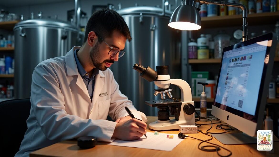 Una escena realista de un laboratorio de elaboración de cerveza donde David Martin Riús está examinando interactivamente muestras bajo un 'microscopio' de alta calidad. El laboratorio está bien iluminado con luces 'LED' que iluminan una mesa de madera llena de equipos de elaboración de cerveza. David lleva una bata de laboratorio y se centra en las 'muestras de levadura' que está observando, tomando notas sobre la 'calidad' y la 'cantidad' de la levadura para la fermentación de cerveza. El microscopio es un tipo 'binocular' con una 'etapa móvil', y se colocan varias lentes (4x, 10x, 40x, 100x) cerca. Hay una configuración de cámara adicional conectada al conector 'trinocular' del microscopio, lo que permite la observación en tiempo real en un monitor cercano. El fondo presenta 'tanques de fermentación' de elaboración, y varios suministros de elaboración de cerveza se organizan en los estantes, que representa un entorno de elaboración de cerveza profesional.