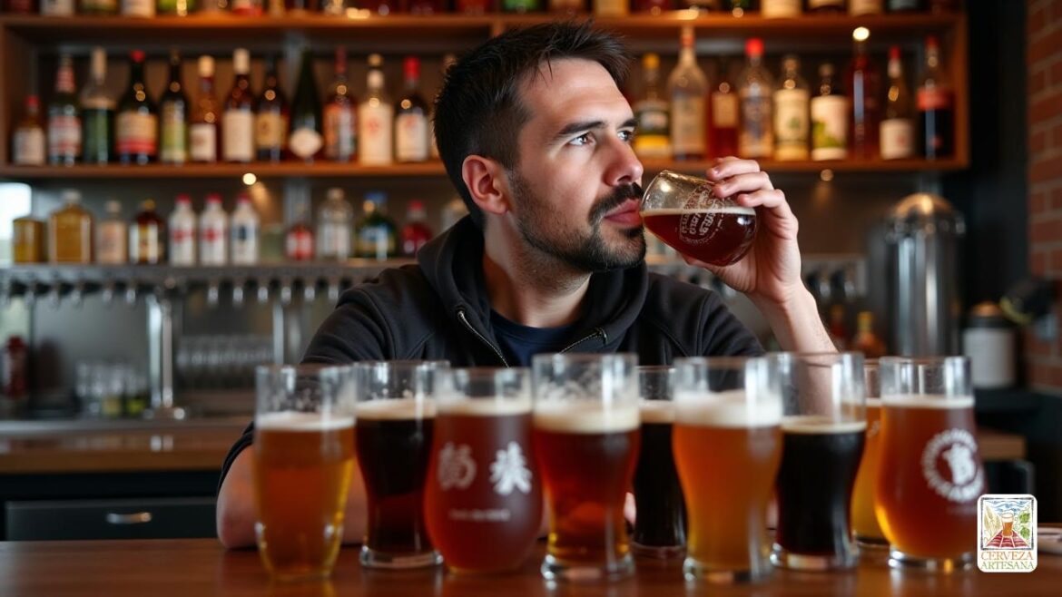 Una escena realista de un moderno bar de cerveza artesanal estadounidense con un enfoque en una persona llamada Davidmartinrius, un hombre de mediana edad con una apariencia informal pero elegante, involucrada en un momento contemplativo mientras probaba una cerveza artesanal. El bar presenta una variedad diversa de estilos de cerveza de barril, con vasos de cerveza visibles de varias formas y tamaños. En el fondo, hay una exhibición de muestreadores de cerveza, lentes pequeños dispuestos al azar en una bandeja o paleta, destacando el contraste entre las bandejas de muestras tradicionales y la experiencia de bebida de cerveza más tradicional y tradicional. El ambiente es cálido y acogedor, con una iluminación suave enfatizando los ricos colores y texturas de las cervezas, insinuando una historia de un apasionado entusiasta de la cerveza que prioriza la calidad sobre la cantidad. La escena captura la esencia de la dedicación a la artesanía de la cerveza, la comunidad y el consumo reflexivo, evocando el deseo d