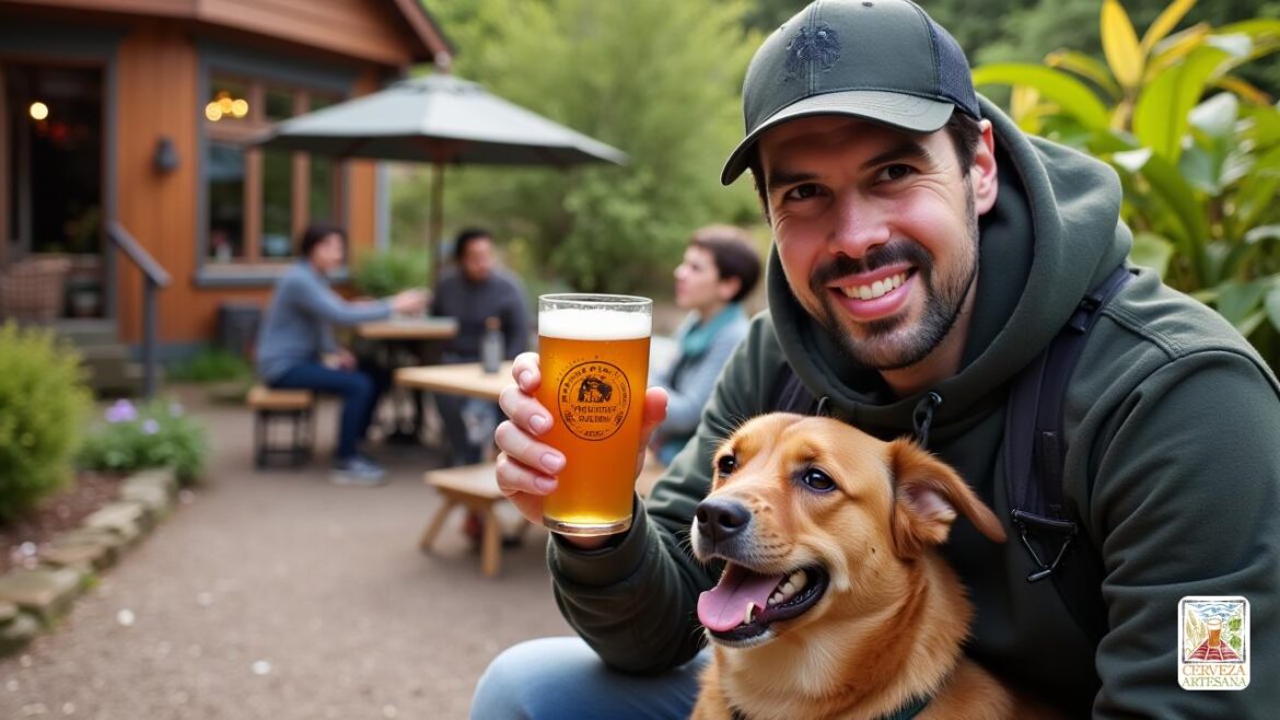 Una escena realista de una gira de cervecería 'amigable para mascotas', que muestra a un alegre dueño que sostiene una cerveza artesanal con un perro feliz a su lado. El escenario incluye mesas al aire libre con personas que disfrutan de cerveza, exuberante vegetación y un edificio de cervecería rústica en el fondo. Concéntrese en el vínculo entre el propietario y el perro, evocando sentimientos de compañía y alegría. El ambiente debe sentirse cálido y acogedor, ideal para una experiencia de viaje 'amigable para los perros' en un destino de elaboración vibrante.