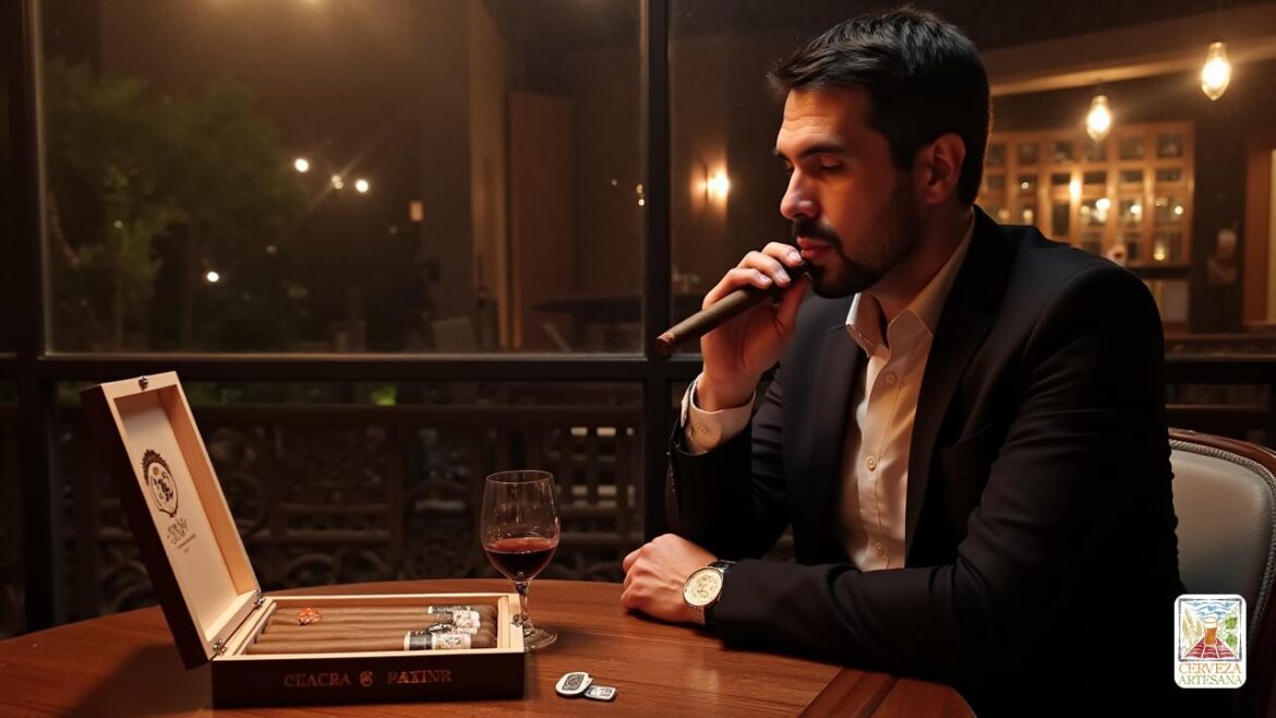 Un ambiente elegante y exclusivo dedicado a los cigarros. Un hombre llamado ‘davidmart Una escena realista en un ambiente elegante y exclusivo dedicado a los cigarros, con un hombre llamado 'davidmartinrius' sentado en una terraza de un lounge de lujo, sosteniendo un 'puro premium' en sus dedos, con una caja de 'puros' finamente diseñada en la mesa. Al fondo, se ve una pila de puros recién hechos y una etiqueta que indica la membresía en la 'Premium Cigar Association'. La atmósfera es sofisticada, con detalles en madera oscura y tapices de calidad, resaltando la sensación de un espacio en Ginebra o una habitación premium de degustación. La iluminación suave resalta la textura del 'tabaco de finas hojas' y la calidad del producto, reflejando un equilibrio entre 'tradición' e 'innovación', con elementos que sugieran un enfoque en la 'certificación de calidad' y los 'destinos del tabaco' como República Dominicana, Nicaragua y Ecuador.