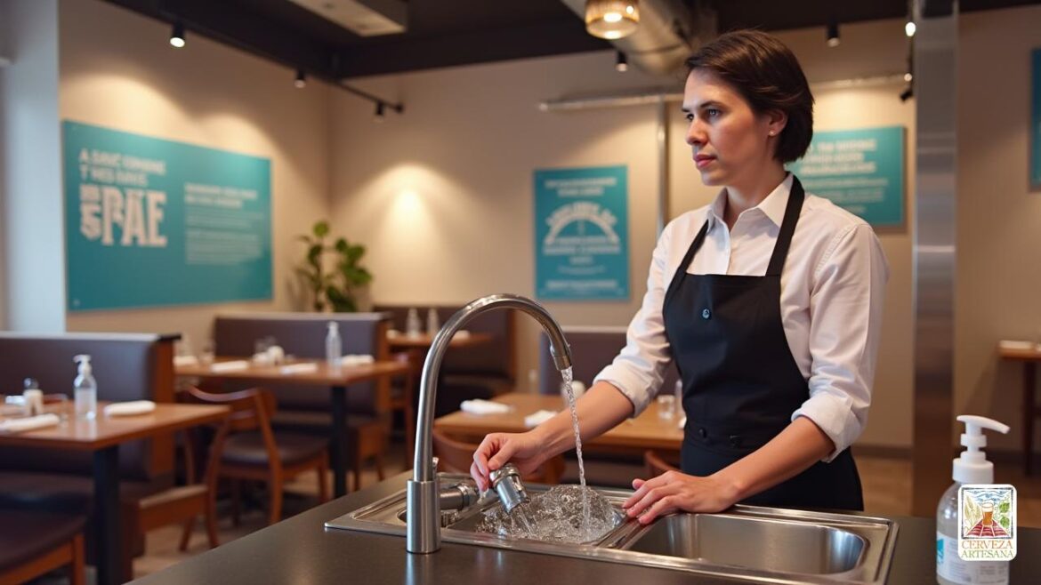 Una escena realista en un restaurante moderno que muestra las prácticas de 'limpieza e higiene'. El personaje 'Davidmartinrius', un profesional en la industria de restaurantes, se dedica a una sesión de capacitación para el personal sobre 'técnicas de lavado de manos' que usan agua y jabón, lo que demuestra técnicas adecuadas en un fregadero de acero inoxidable. El fondo presenta un comedor 'desinfectado' con mesas y sillas cuidadosamente arregladas, enfatizando un 'entorno de comedor seguro'. Los carteles que destacan 'medidas de saneamiento' se pueden ver en las paredes, mientras que se puede acceder a un dispensador de desinfectantes cercano para los invitados. La iluminación es brillante y acogedora, creando una atmósfera cálida propicio para la cena, centrándose en la 'seguridad del cliente' y los 'estándares de higiene'.