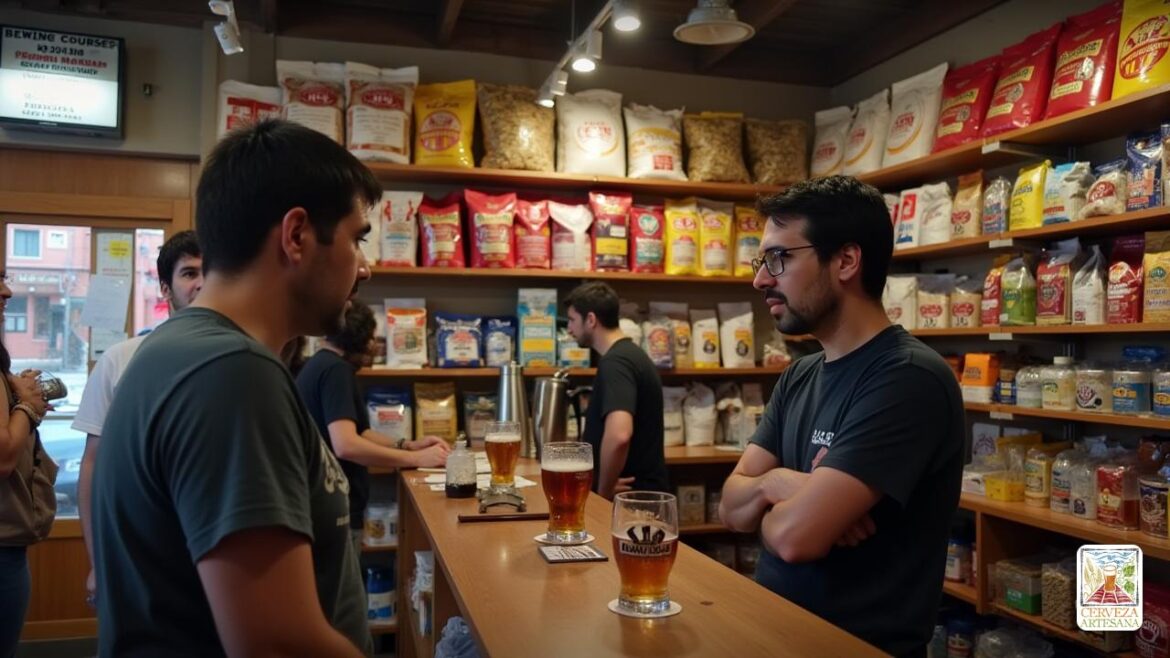Una escena realista que muestra a 'David Martinrius', un conocedor de casas caseras, de pie en una tienda de suministro de cerveza artesanal bien abastecida en Chile. La tienda está llena de actividad a medida que los clientes examinan varios ingredientes y equipos de cerveza "artesanales". David, con una camisa y gafas informales, se involucra con un joven cervecero novato, aconsejándole sobre la importancia de los 'ingredientes de calidad' y las 'condiciones de almacenamiento' adecuadas. Los estantes están llenos de coloridas bolsas de 'lúpulo', 'maltas' y equipos de elaboración de cerveza etiquetados con información técnica detallada. Un tablero de visualización destaca los próximos 'cursos de elaboración'. El ambiente refleja la camaradería entre los cerveceros caseros, enfatizando el mercado vibrante y en expansión para la 'elaboración casera' en Chile.