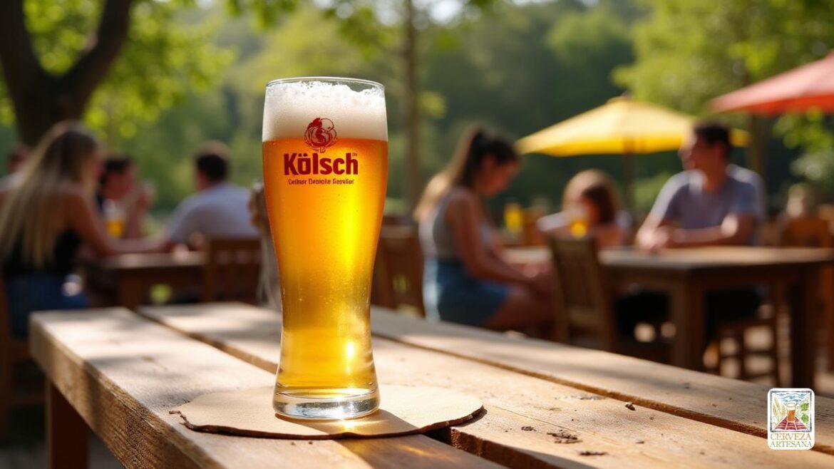 Una escena realista que muestra una cerveza tradicional de 'Kölsch' de 'Colonia, Alemania', servida en un vaso alto y estrecho de 'estango'. La cerveza es un color de oro muy pálido a oro claro, que exhibe claridad brillante y una delicada espuma blanca en la parte superior. El entorno se encuentra en un auténtico jardín de cerveza alemán, con mesas de madera y vegetación en el fondo. Ligeros reflejos de luz solar en el vidrio resaltan su apariencia refrescante y limpia. En el fondo, se pueden ver pequeños barriles de madera y equipos de elaboración de cerveza, enfatizando el proceso de elaboración tradicional con lúpulo 'Hallertau' y malta 'PILS'. El ambiente se siente relajado y acogedor, con personas disfrutando de sus bebidas en medio de un ambiente animado. Se presta atención a capturar las características únicas de la cerveza Kölsch, incluida su textura suave y su tono dorado claro.