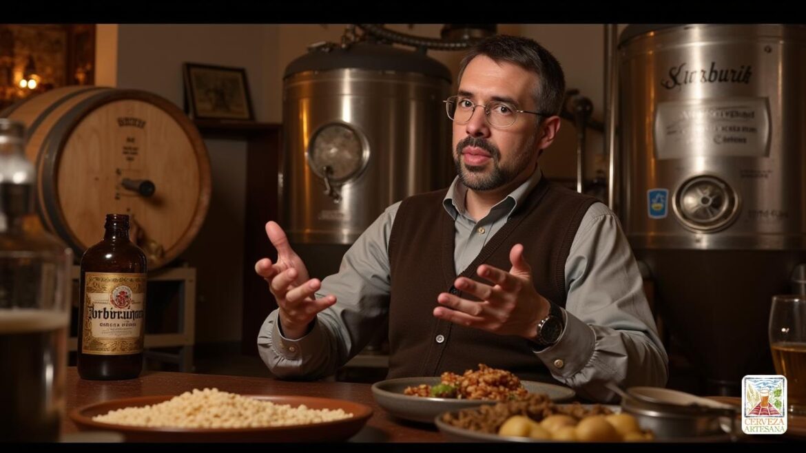 Una escena realista que representa a 'David Martin Rius', un historiador y microbiólogo bien informado, participando en una discusión detallada sobre los procesos de fermentación detrás de Lager Beer. Está rodeado de equipos de elaboración de cerveza, con barriles y granos visibles en el fondo, ya que explica apasionadamente el significado de 'Saccharomyces pastorianus' y sus orígenes híbridos. El escenario es una cervecería alemana tradicional, posiblemente Hofbräuhaus en Munich, con parafernalia de elaboración histórica y documentos enmarcados que insinúan las leyes de elaboración del siglo XVI, creando una conexión entre el pasado y el presente. La iluminación es cálida y acogedora, enfatizando la rica historia de la fabricación de cerveza en Baviera.