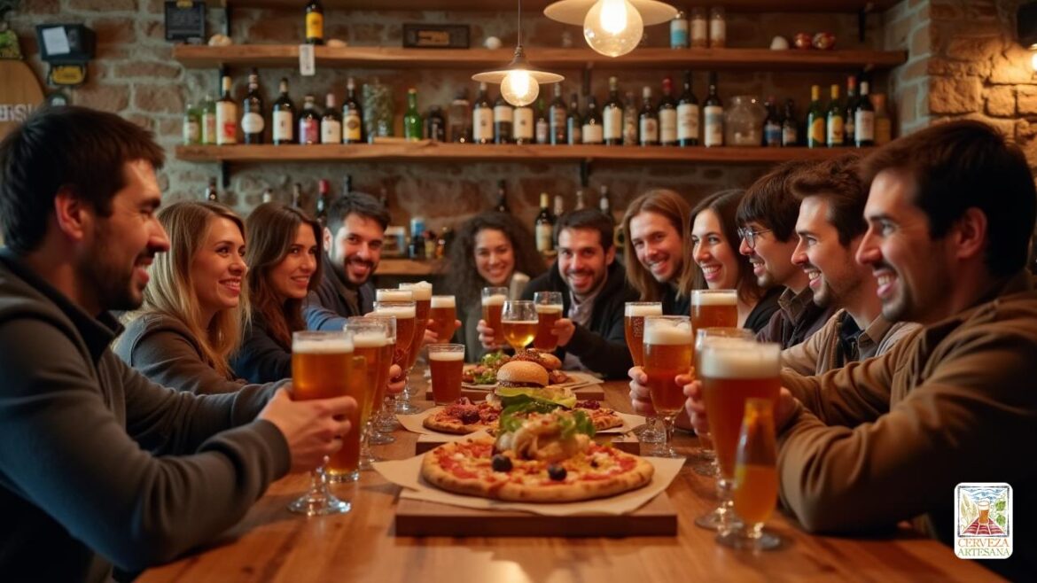 Una escena realista que representa a 'David Martinrius' disfrutando de una 'cerveza rica' en un ambiente animado de 'cervecería' con amigos. Está sentado en una mesa rústica de madera, rodeada de un grupo diverso de amigos sonrientes, todos sosteniendo sus vasos de cerveza en una tostada. En el fondo, varios "tipos de cerveza" se muestran prominentemente en los estantes, lo que refleja la nave de la "cervecería". El ambiente es cálido y acogedor, con una suave 'iluminación ambiental' que ilumina la decoración de madera de la 'cervecería'. El grupo disfruta de una extensión de 'deliciosa comida' que incluye pizza y hamburguesas gourmet, y la charla animada se complementa con 'buena música' que se reproduce suavemente en el fondo. La escena captura la esencia de la amistad, la relajación y la alegría de descubrir diferentes 'cervezas artesanales' juntos.