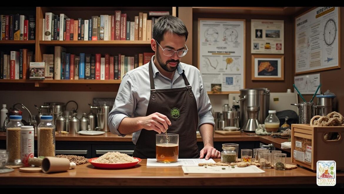 Una escena realista que representa a 'David Martinrius' en un entorno de cervecería, rodeada de equipos e ingredientes. Se dedica activamente al proceso de fabricación de cerveza, mide cuidadosamente el 'agua' y examina las muestras de 'malta'. La habitación está bien iluminada, llena de estantes de los libros de elaboración de libros que incluyen títulos como 'Water' de Jhon Palmer y Colin Kaminski y 'Malt' de Jhon Mallett que se exhibieron prominentemente. Se organizan varios tipos de 'lúpulo' y 'levadura' en las encimeras, y se visibles gráficos que detallan 'química del agua' y 'análisis de malta' en las paredes. David lleva un delantal de cervecero y gafas de seguridad, enfocadas y conocedoras, destacando su pasión por la cerveza de calidad para elaborar cerveza.