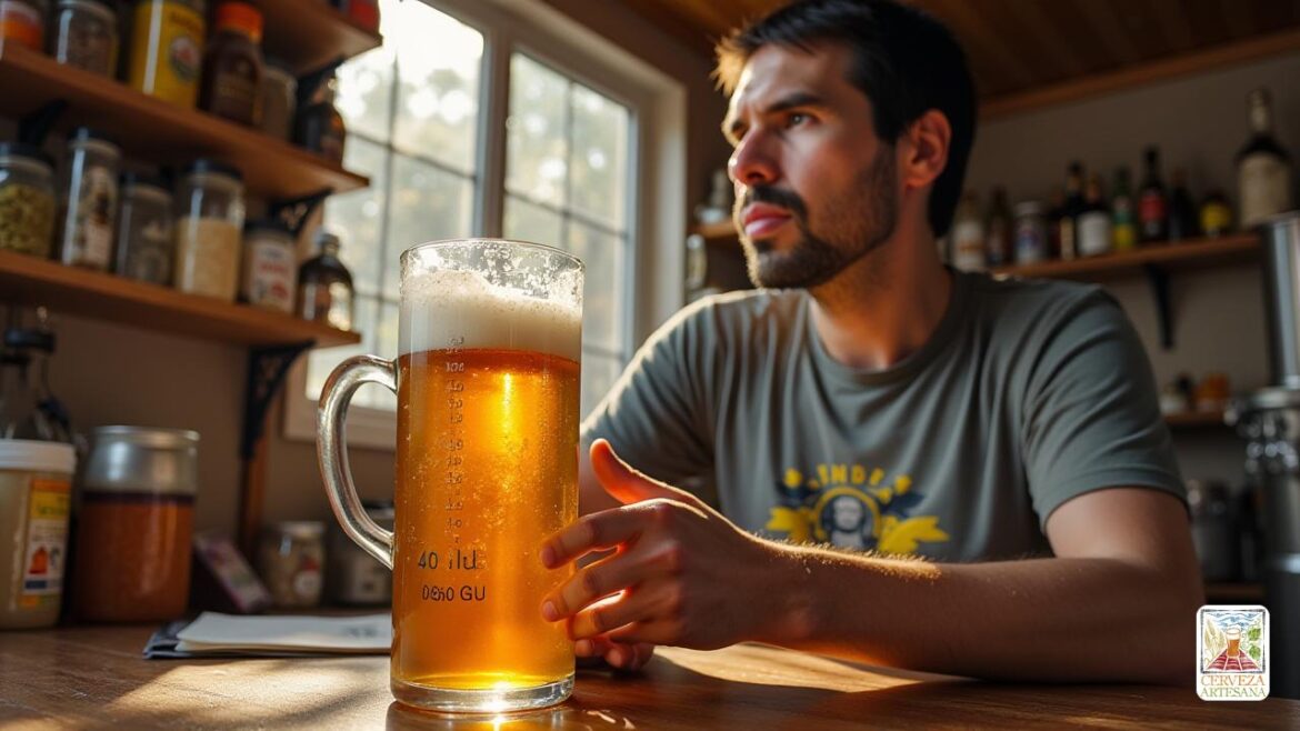 Una escena realista que representa a 'David Martinrius', un apasionado cervecero, parado en su cocina de elaboración de cerveza bien equipada. Él está examinando atentamente un gran vaso de vidrio lleno de una muestra de cerveza dorada, etiquetada con '40 IBU 'y' 1.050 GU '. El fondo presenta estantes forrados con varios ingredientes de elaboración de cerveza como lúpulo y maltas, así como equipos de elaboración de cerveza. David lleva una camisa informal con gráficos relacionados con la cerveza, y su expresión muestra concentración y curiosidad. La luz del sol se filtra a través de una ventana, lanzando un cálido brillo en la escena, enfatizando el intrincado equilibrio de "amargura" y "dulzura" en la cerveza.