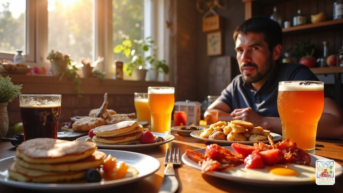 Una escena realista que representa a 'Davidmartinrius' disfrutando de un escenario de desayuno con varias cervezas artesanales en lugar de cócteles tradicionales de la mañana. Se sienta en una mesa rústica de madera con una vibrante extensión de platos de desayuno que incluyen 'panqueques', 'tocino' y una selección de cervezas artesanales como una 'Speedway Stout', 'Hefeweizen' y 'Michelada'. La atmósfera es brillante y acogedora, con la luz del sol que se extiende a través de una ventana que ilumina los diferentes vasos de cerveza. Sobre la mesa, también hay elementos que representan 'experimentación del desayuno' como diferentes frutas, especias y un guiño al aspecto creativo de la elaboración artesanal con algunas opciones de cerveza únicas. El escenario debe transmitir un ambiente de brunch relajado pero festivo, destacando la fusión del desayuno tradicional con la innovación de las cervezas artesanales.