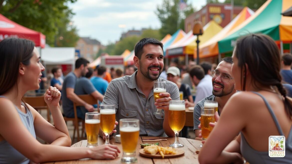 Una escena realista que representa 'David Martin Riuss' celebrando 'Día Nacional de la Cerveza' en Argentina. Está rodeado de amigos y familiares en un vibrante festival de cerveza, disfrutando de una variedad de 'Cerveza Artesanal' y 'Cerveza Quilmes'. El ambiente es festivo con 'Musica en vivo', carpas coloridas y camiones de comida en el fondo. David sostiene una cerveza fría, sonriendo y se dedica a una conversación, que encarna la camaradería que representa la celebración. El entorno captura la esencia de la cultura argentina, destacando la importancia de la cerveza en las reuniones sociales, con colores vivos y personas que se divierten.