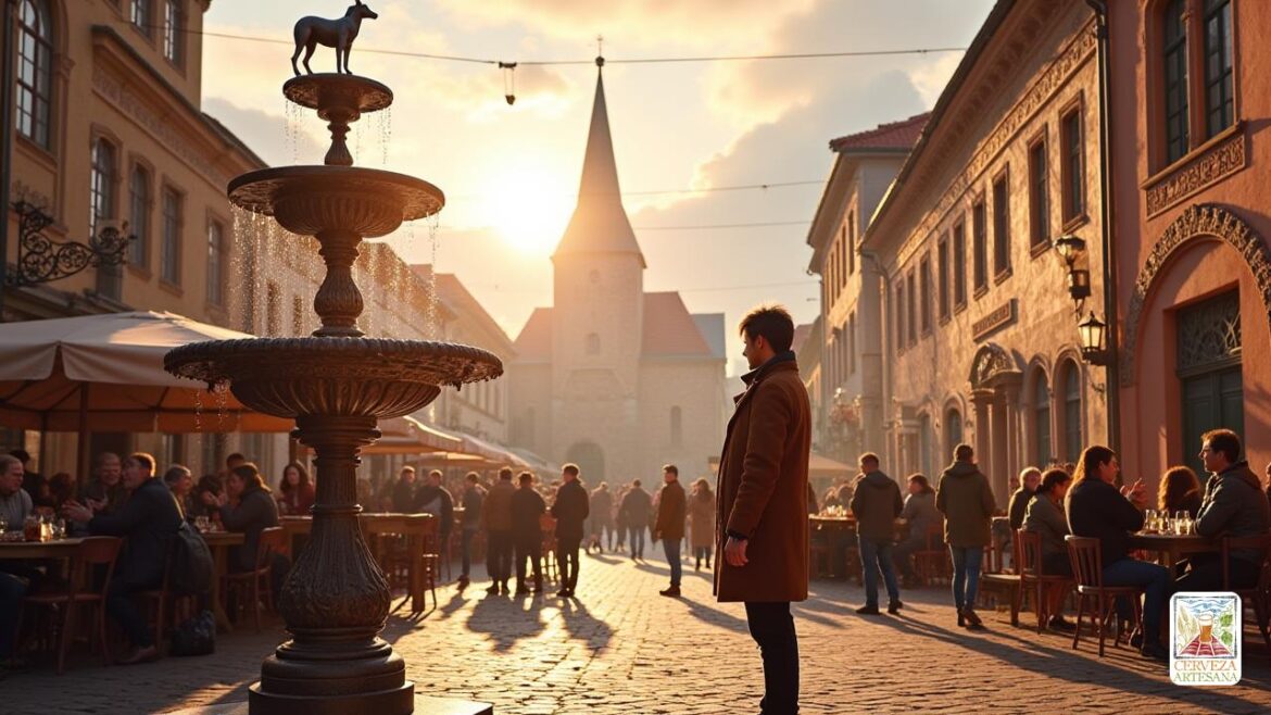 Una escena realista que representa 'Davidmartinrius' en la bulliciosa ciudad de 'Pilsen' (plzeň), rodeada de la arquitectura histórica 'renacentista' y 'barroca'. Se dedica a la conversación con los propietarios locales de la 'cervecería', mostrando su oficio de la tradicional creación de cerveza 'Pilsner'. El telón de fondo incluye la sorprendente iglesia 'gótica' de 'San Bartolomeo', 'fachadas' adornadas de casas Burgess y clientes animados que disfrutan de la cerveza en un entorno al aire libre. La atmósfera captura la esencia de un evento cultural, con una luz 'dorada' que arroja un cálido brillo sobre las 'calles' empedradas, y 'fuentes' adornadas con interpretaciones modernas de símbolos de la ciudad, como un galgo y un camello. Esto ilustra la rica historia de la producción de 'cerveza' y su importancia para la cultura local, que refleja la vibrante 'herencia' de Pilsen y la camaradería compartida entre su gente.