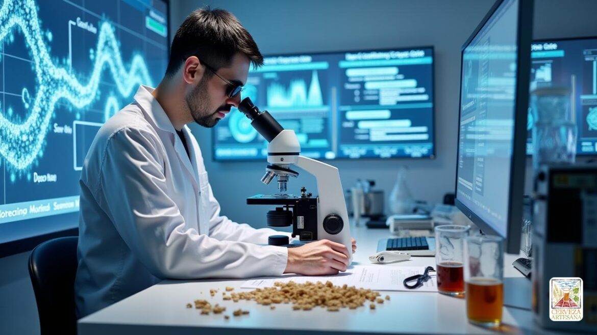 Una escena realista que representa 'Davidmartinrius', un científico, en un entorno de laboratorio moderno que se especializa en genética vegetal. Está rodeado de equipos de alta tecnología, analizando datos relacionados con la secuenciación del "genoma" de la "cebada". Una pantalla digital detallada en el fondo ilustra las secuencias 'genéticas' y el 'proceso de malking', mientras que los gráficos en la pared muestran mejoras en cebada para la producción de 'cerveza' y 'whisky'. 'Davidmartinrius' se centra intensamente en un microscopio, con muestras de cebada colocadas frente a él. La atmósfera es brillante y estéril, enfatizando la naturaleza de vanguardia de su investigación.