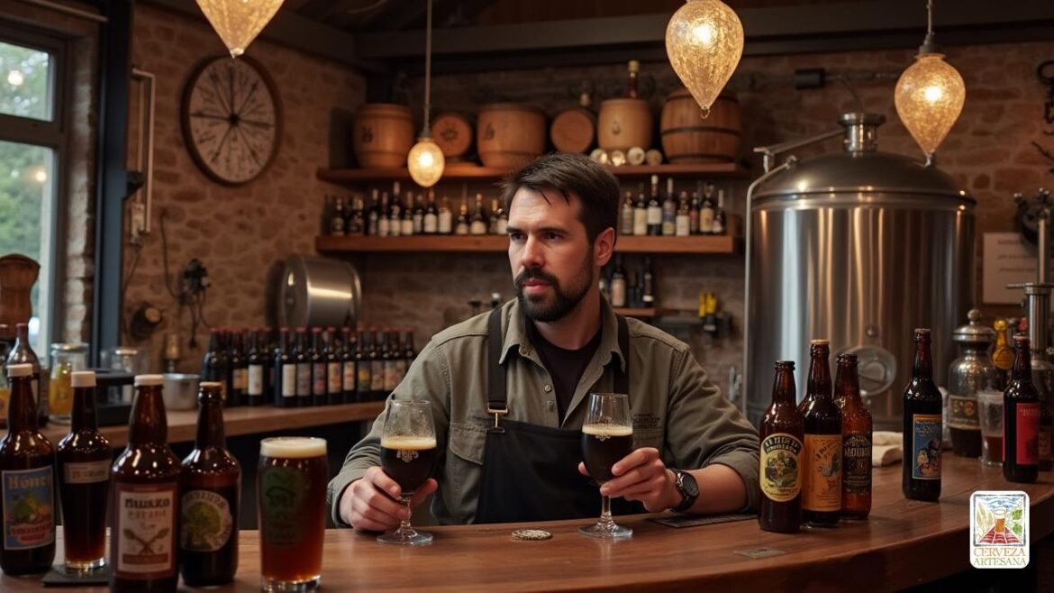 Una escena realista que representa 'Davidmartinrius', una apasionada cervecera de cerveza artesanal, de pie en su rústica cervecería rodeada de varias cervezas 'IPA' que se ven turbias y se asemejan a 'Radioactive Pond Water'. Está examinando un robusto con 'moca', 'chocolate' y notas de 'vainilla', mientras que una cerveza 'salado de gose' está en el mostrador de la barra, emanando un aroma que recuerda a 'Sweat de instructor de gimnasia'. La cervecería está llena de equipos de elaboración de cerveza, barriles de madera y estantes bordeados de botellas con etiqueta creativa. David parece contemplativo, reflexionando sobre las presiones de la industria de la cerveza artesanal, con un toque de nostalgia por tiempos más simples. Su expresión muestra una mezcla de pasión y preocupación mientras sostiene un vaso de cerveza inacabada, reflexionando sobre la necesidad de innovación versus dominio en la elaboración de cerveza. La iluminación es cálida y acogedora, mejorando la atmósfera artesanal. <lora: dvd_v1_000