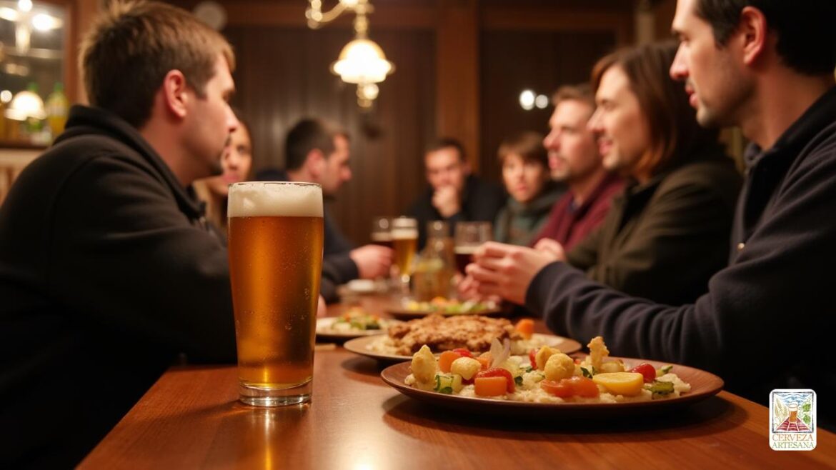 Una escena realista que representa un 'bar' tradicional en el 'país vasco' que sirve a un 'Zurito', una pequeña medida de cerveza, típicamente de 100 a 150 ml, en un 'pequeño vidrio ancho'. El entorno es cálido y acogedor, con decoración de madera e iluminación suave, capturando la esencia de la cultura vasca. La 'cerveza' se sirve a temperatura fresca, que muestra su color dorado con una ligera espuma. En el mostrador de la barra, se organizan varias 'tapas' o 'pintxos', lo que refleja la gastronomía local. Los clientes, que participan en discusiones animadas, disfrutan de sus bebidas en un ambiente relajado típico de un bar de tapas vascos.