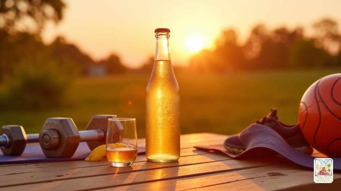 Una escena realista que representa una botella 'refrescante' de 'cerveza no alcohólica' colocada en una 'mesa de madera' al aire libre, con una 'puesta de sol' en el fondo. La mesa está rodeada de 'equipo de entrenamiento' como pesas y una estera de yoga, que transmite una sensación de relajación posterior al ejercicio. Cerca, se pueden ver un 'baloncesto' y 'zapatillas de correr', lo que sugiere un estilo de vida activo. El 'vaso' al lado de la botella está lleno de cerveza sin alcohol, que muestra su 'textura burbujeante'. La atmósfera se siente "acogedora" y "refrescante", perfecta para relajarse después de un "entrenamiento riguroso".