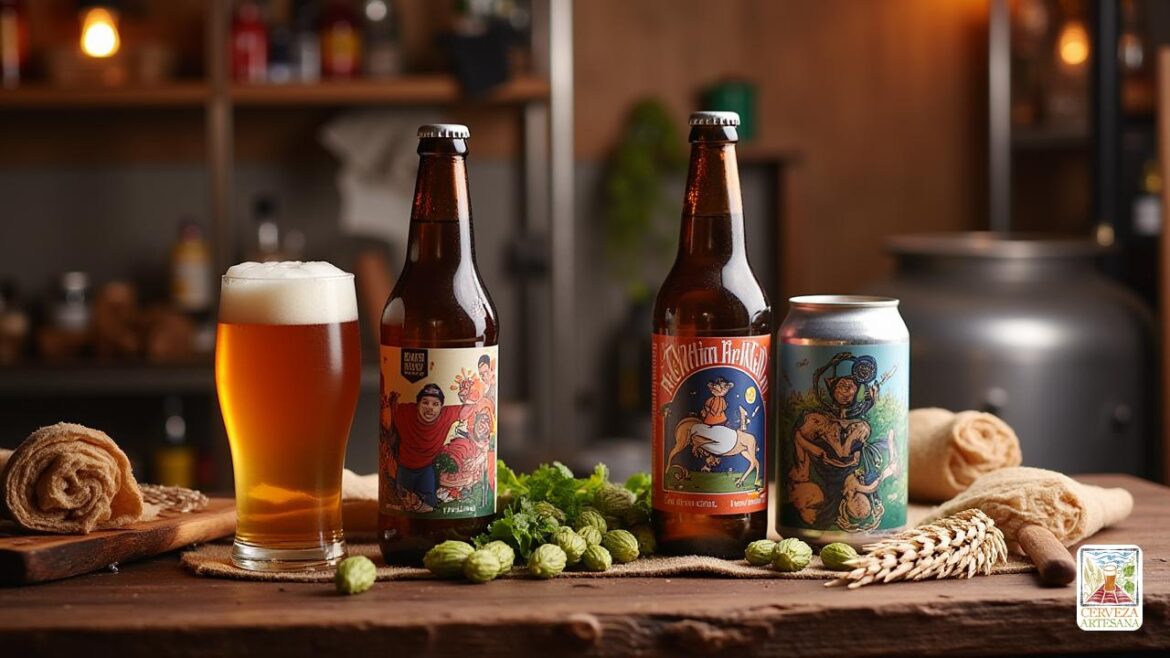Una escena realista que representa una comparación entre 'latas de cerveza' y 'botellas de vidrio' de 'cerveza artesanal' en una mesa rústica de madera. La imagen debe exhibir ambos contenedores, con enfoque en 'botellas de vidrio de ámbar' y 'latas modernas de aluminio' diseñadas con etiquetas vibrantes y artísticas. La configuración se encuentra en un acogedor ambiente de cervecería, con iluminación suave y cálida que ilumina los recipientes de cerveza. Incluya elementos adicionales como lúpulo, cebada y herramientas de elaboración de cerveza en el fondo para enfatizar la cultura de la cerveza artesanal. No debe haber elementos de dibujos animados, y la apariencia general debe sentirse acogedora y auténtica, representando claramente los diferentes formatos de empaque de cerveza.