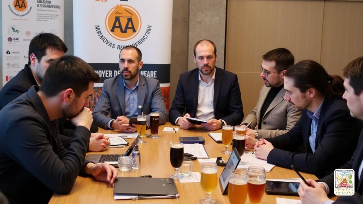 Una escena realista que representa una reunión de cerveceros en la Asamblea AECAI (Asociatura Española de Cerveceros Artesanos Independientes). El ambiente es profesional y atractivo, con un grupo diverso de personas, incluidos hombres y mujeres, discutiendo el primer informe técnico sobre artesanía y cerveza independiente en España. Algunos participantes están viendo el informe sobre dispositivos digitales, mientras que otros toman notas. El fondo presenta una pancarta con el logotipo de Aecai y los detalles sobre el Festival de la Cerveza de Barcelona. Se muestran varias muestras de cerveza artesanal en mesas, que representan el movimiento de cerveza artesanal, con énfasis en los productos artesanales. El escenario está bien iluminado, mostrando un entorno organizado e innovador, lo que refleja el crecimiento y los desafíos que enfrentan la industria.